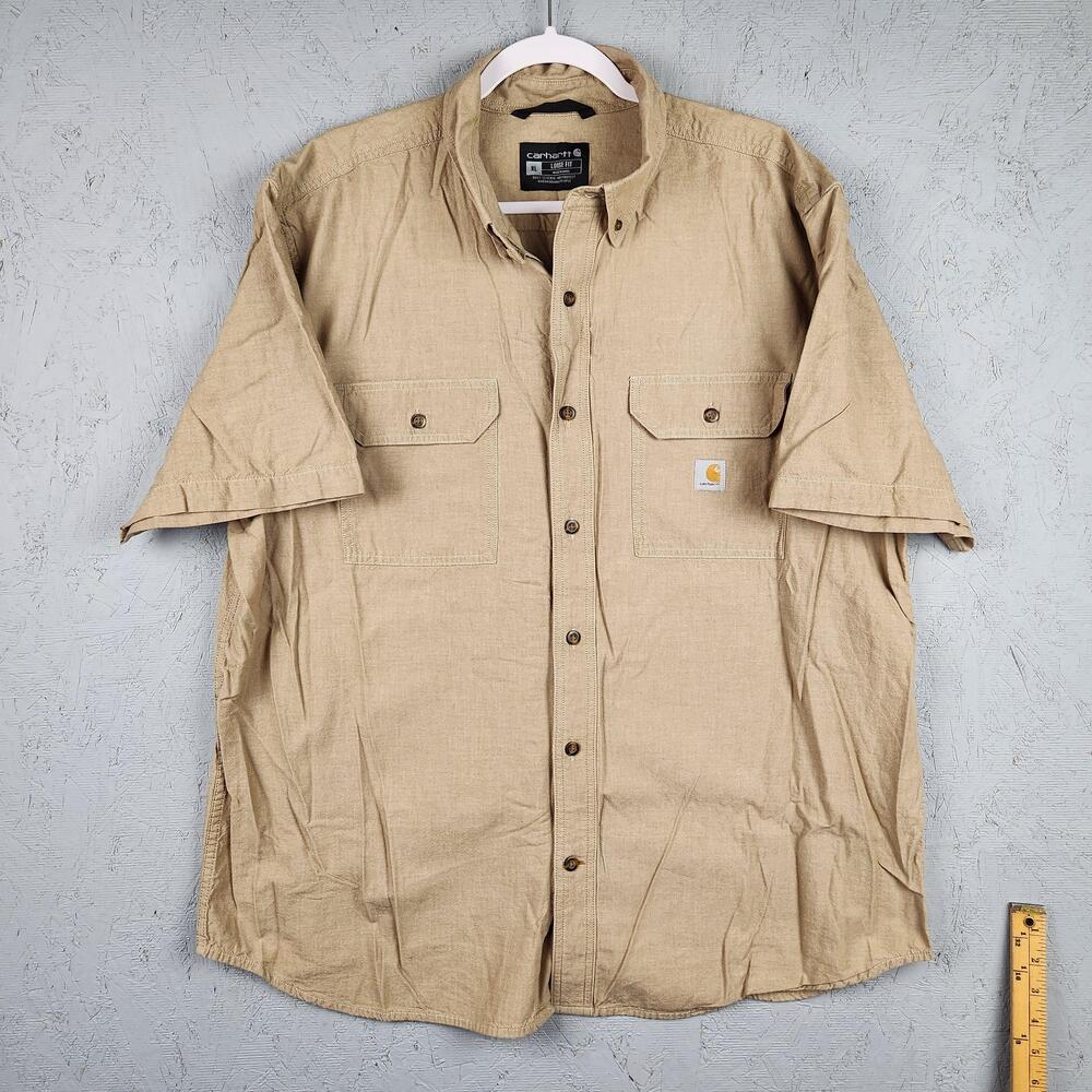 Carhartt Shirt Mens XL Tan Loose Fit Short Sleeve Button Up Workwear Pockets